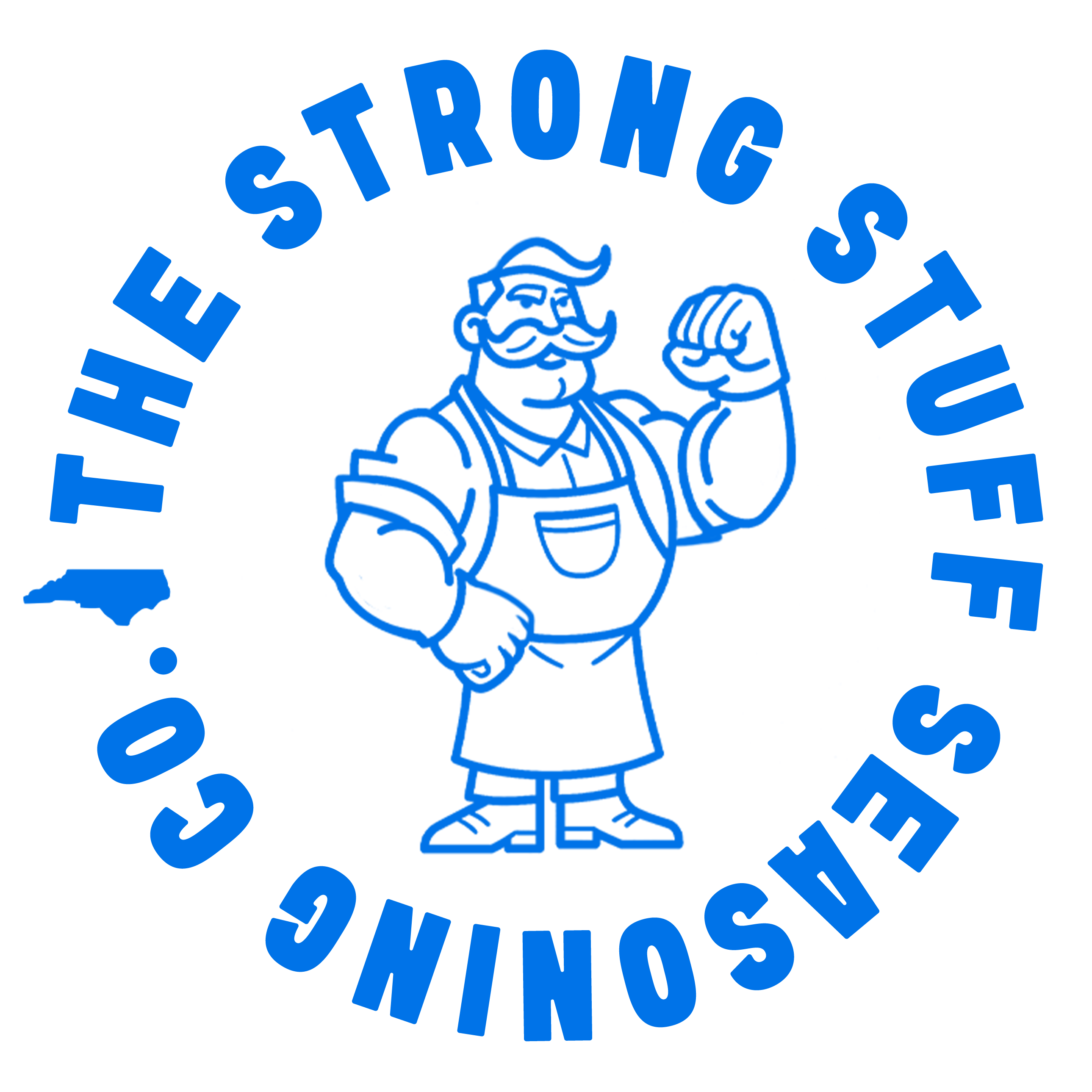 Logo of 'The Strong Stuff Seasoning Co.' with a cartoon character in the center.