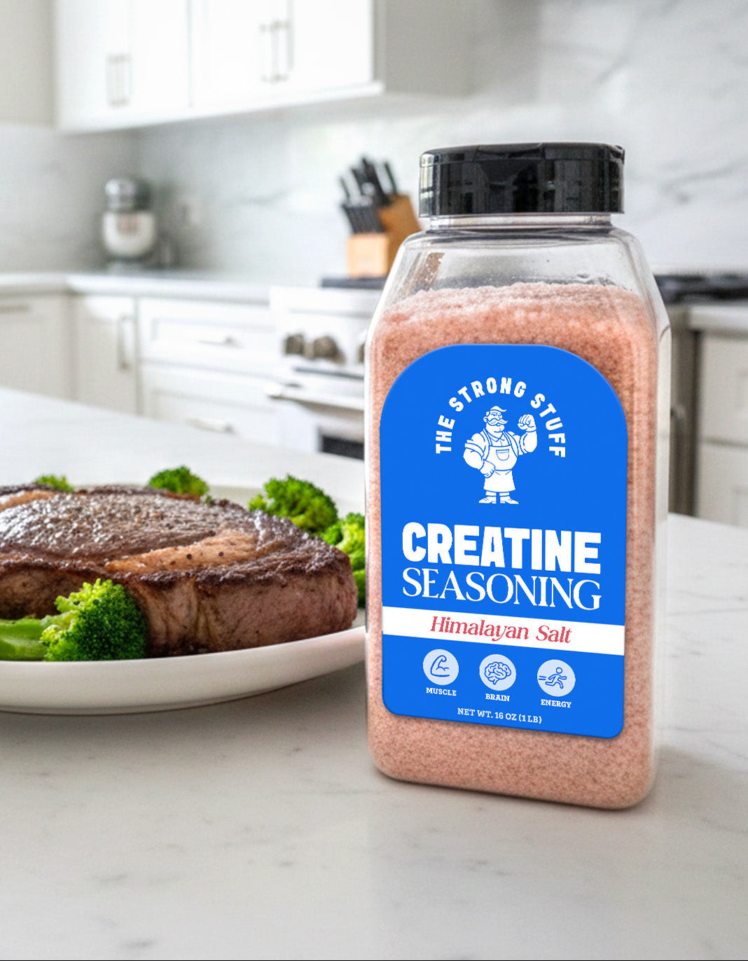 Creatine seasoning container on a kitchen counter with a steak and vegetables in the background